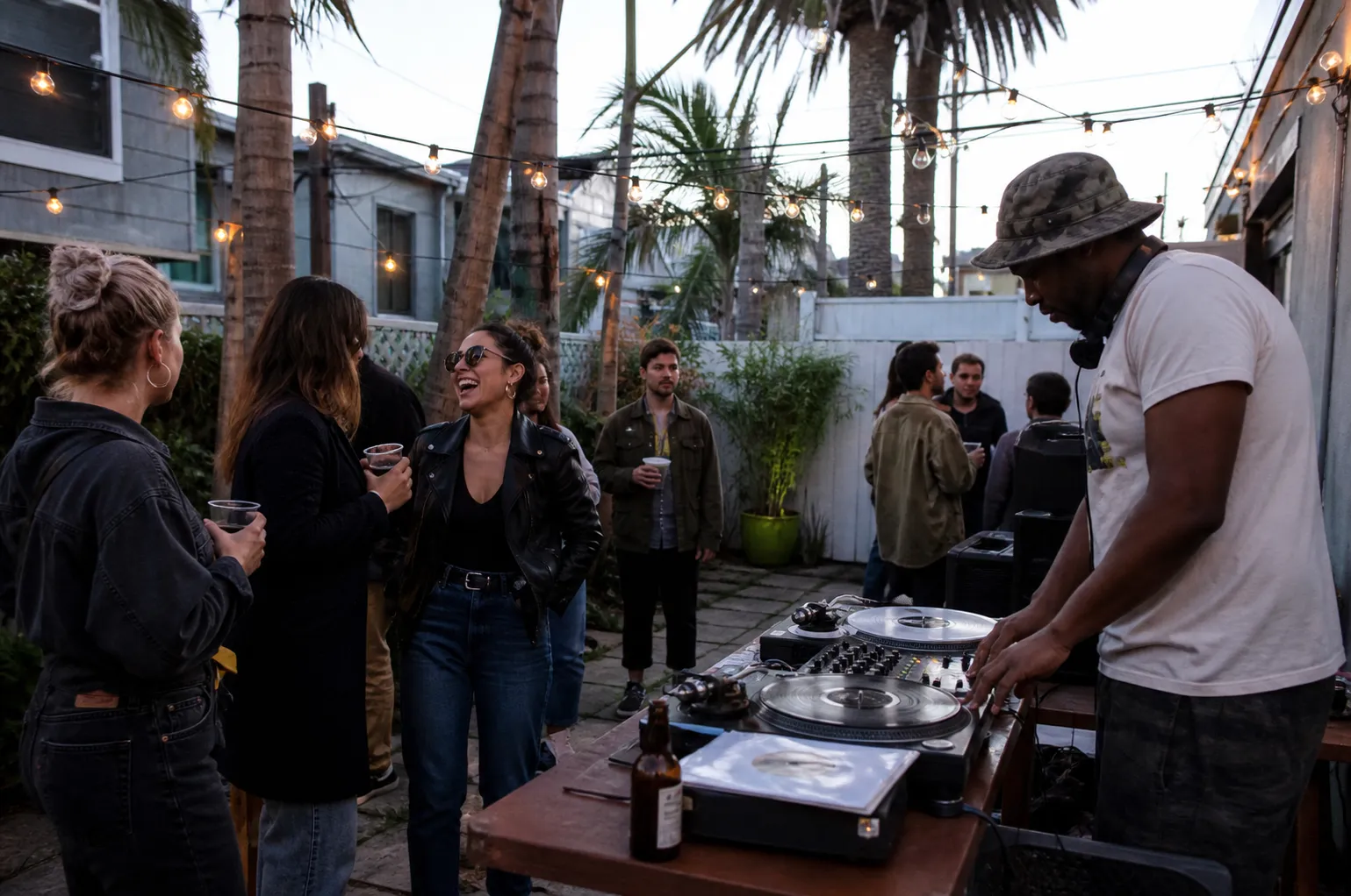 A cozy backyard vinyl DJ set illuminated by string lights near the Venice Canals, Los Angeles.