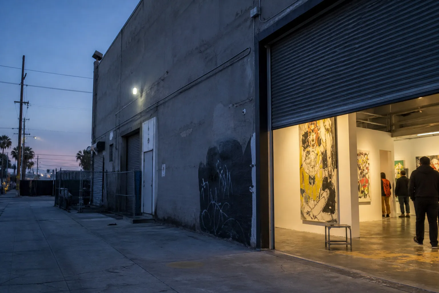 An industrial warehouse art pop-up entrance off Electric Avenue in Venice, California at dusk.