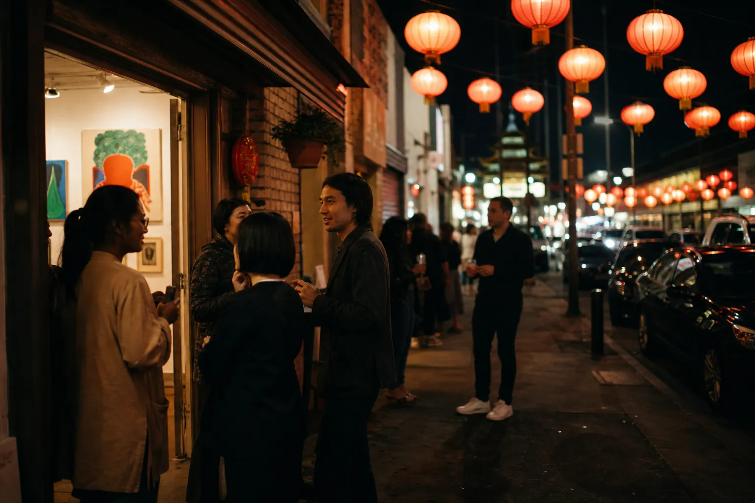 An evening art walk on Chung King Road in Chinatown with glowing red lanterns.