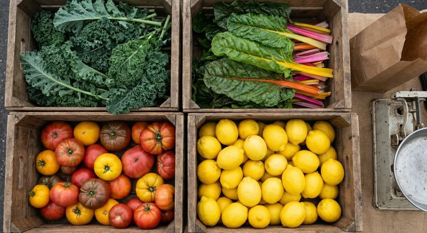 Wooden crates of market produce photographed from above with kale, chard, tomatoes and lemons packed tight beside a paper bag and scales
