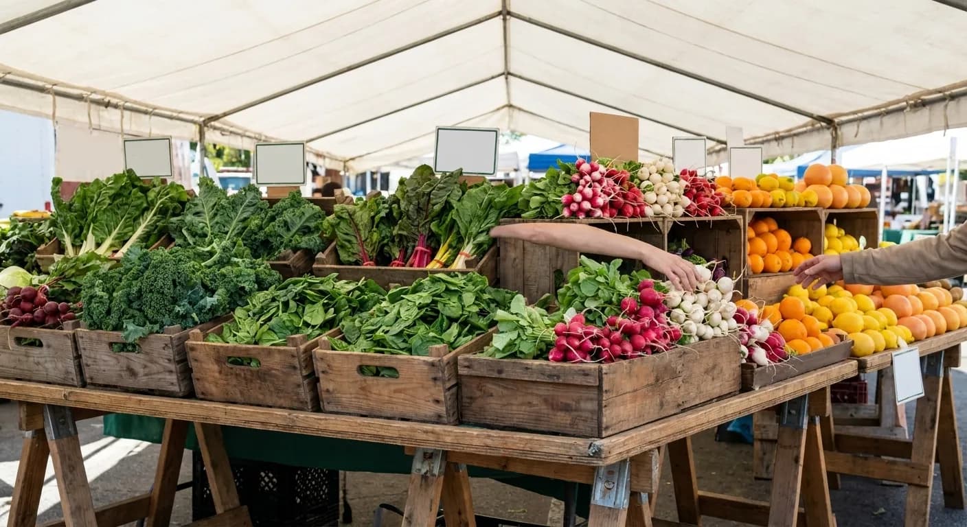 A farmers market stall in the morning with crates of leafy greens, radishes and citrus on a trestle under a white canopy