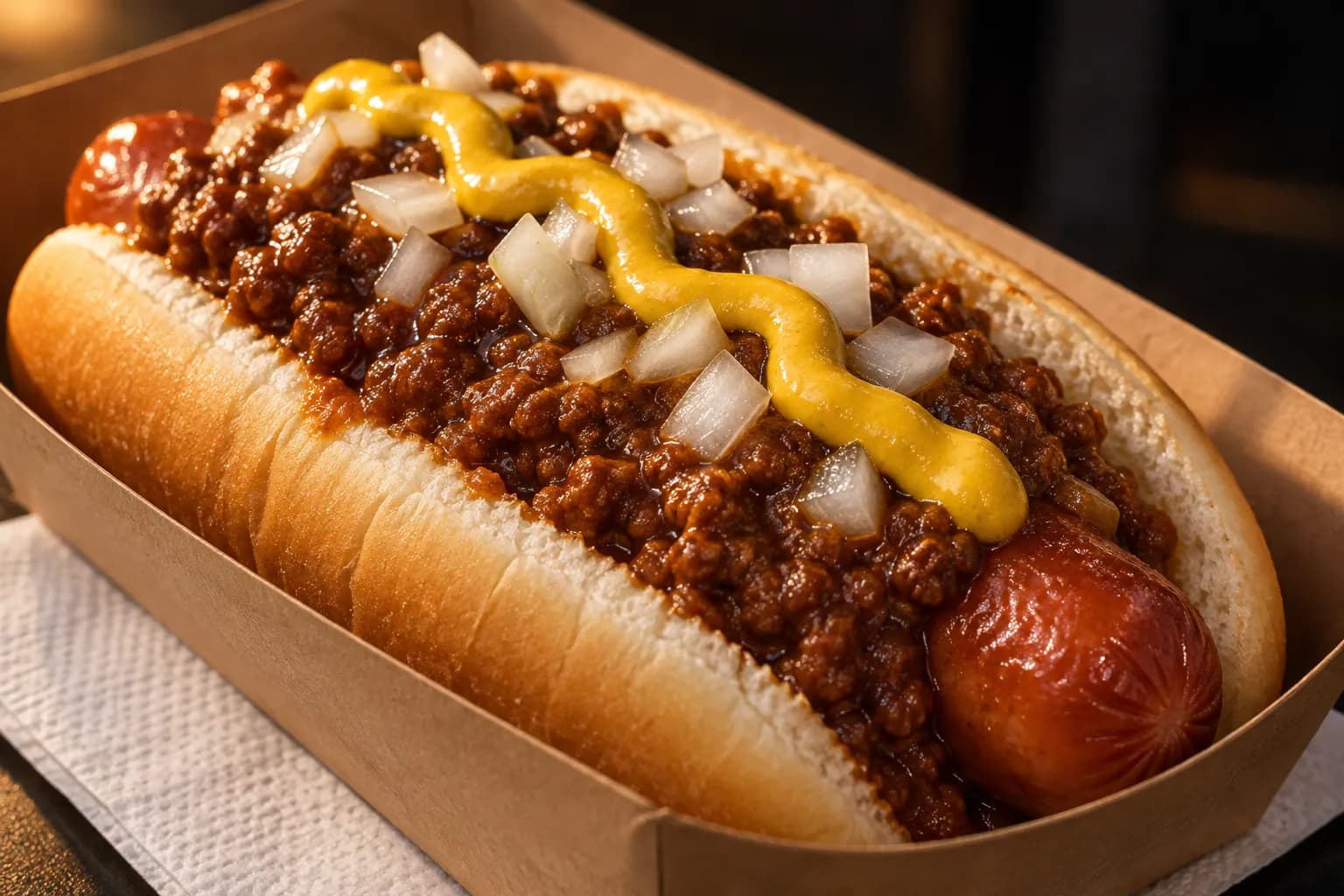 A chili dog in a paper tray, thick chili and chopped onion spilling over a natural-casing frankfurter