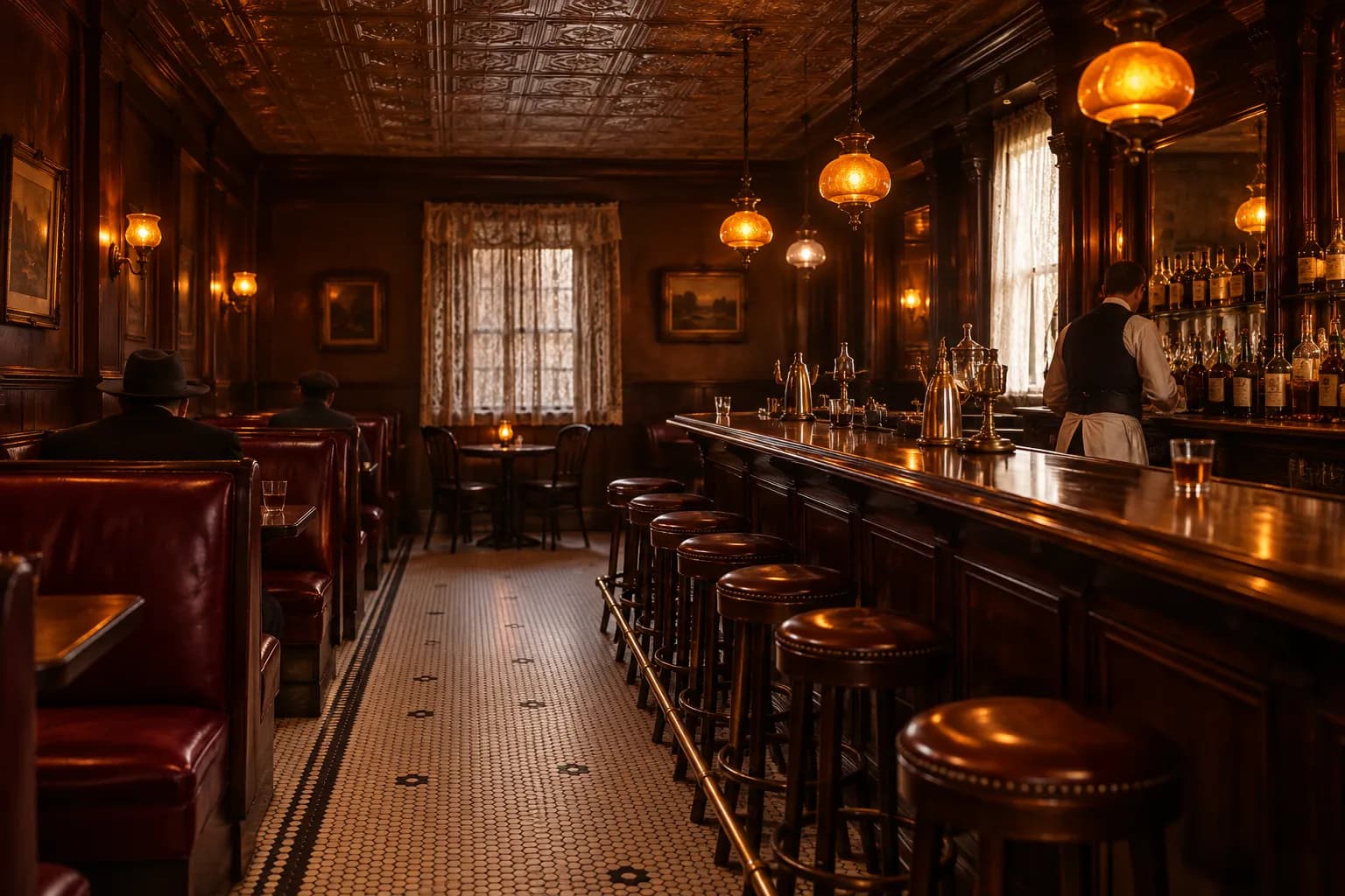 A long mahogany bar under low amber lamps, red leather booths and penny-tile floor in a century-old room