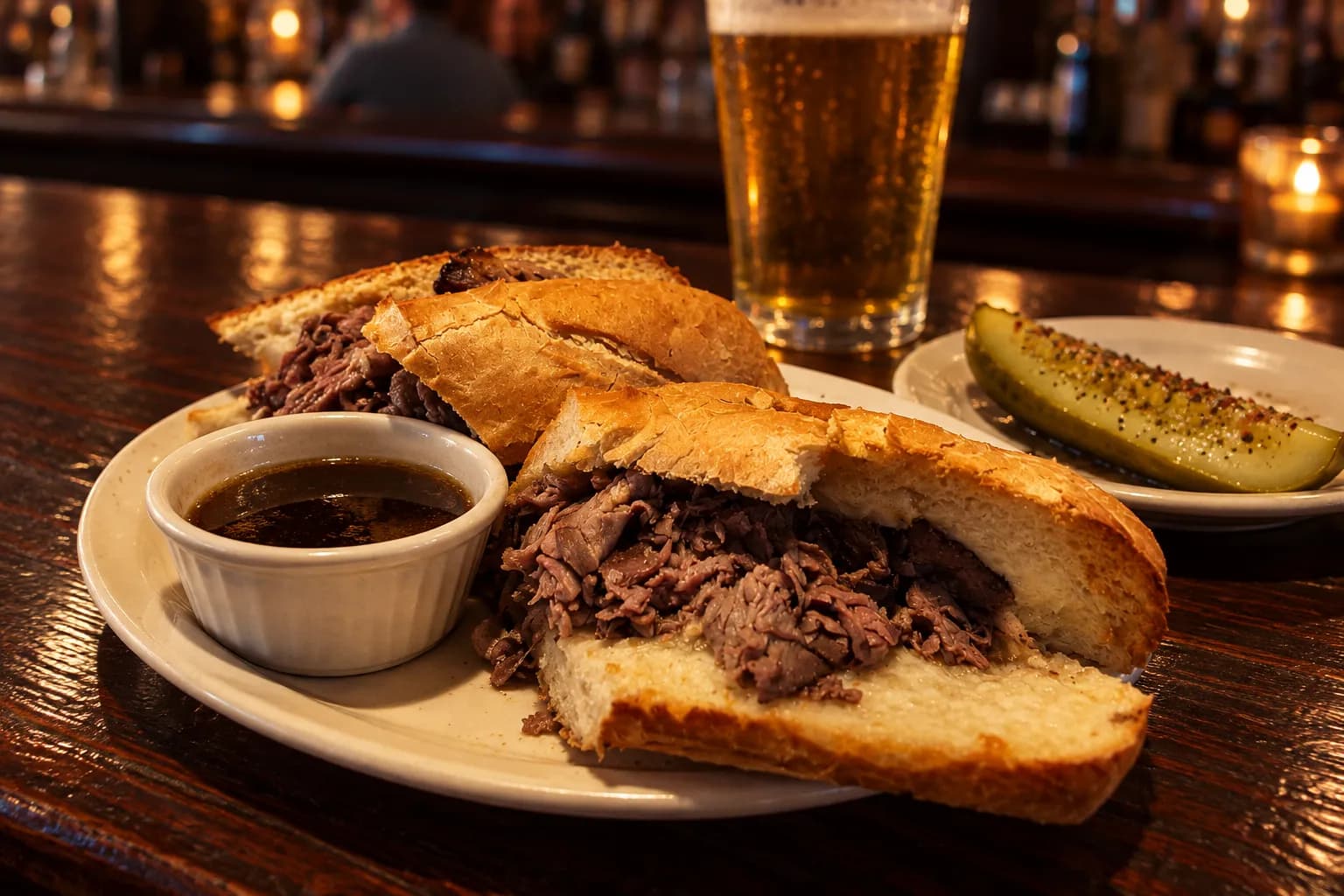 A roast beef sandwich on a French roll beside a small cup of dark jus and a spiced pickle