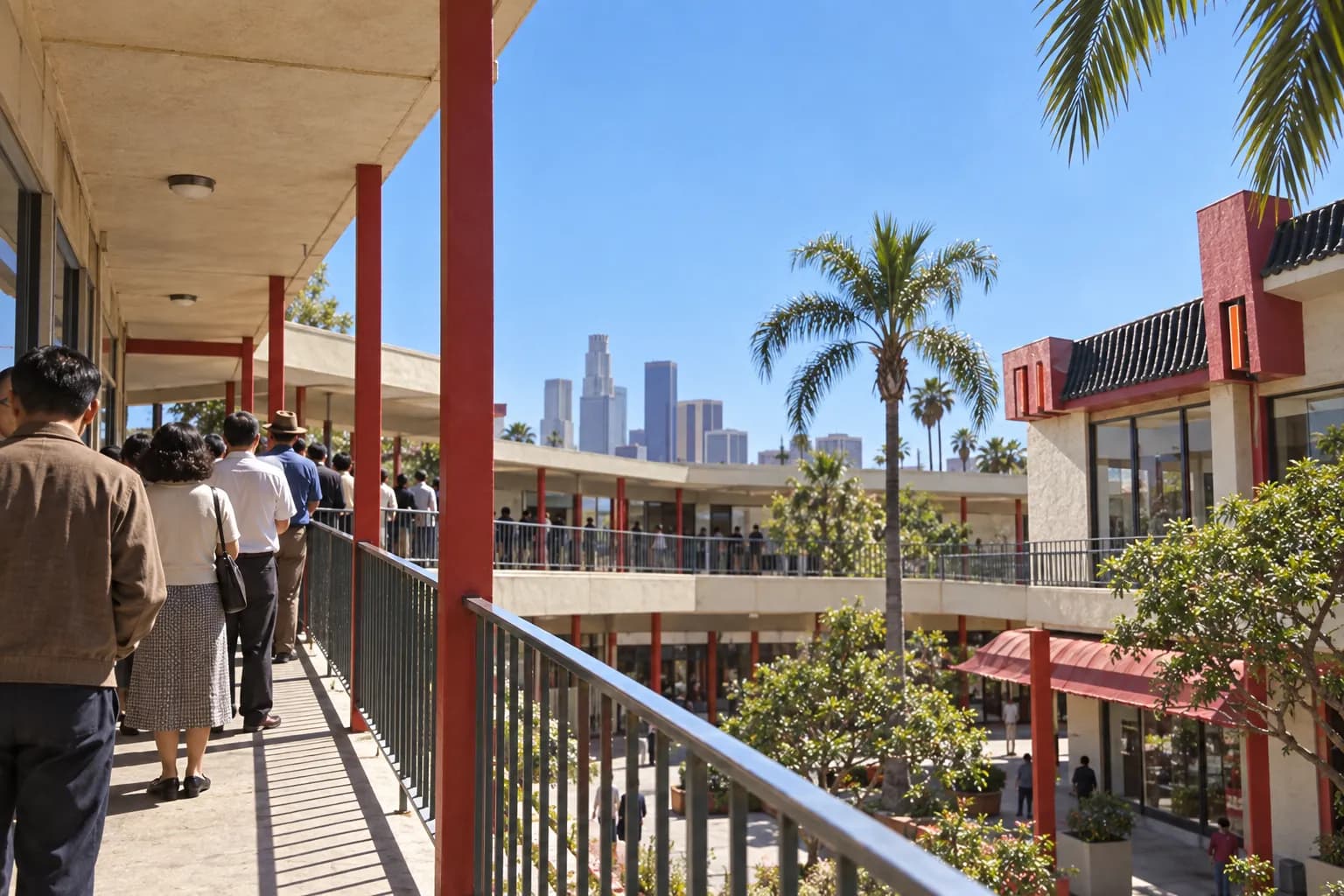 The upper walkway of a two-level mid-century shopping plaza in daylight, a line of people waiting along the railing