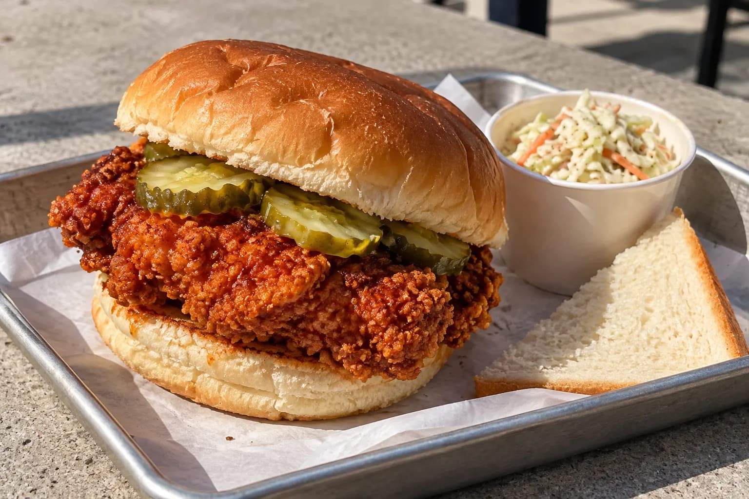 A fried chicken sandwich stacked with pickles on a paper-lined tray, the crust stained deep red with spice