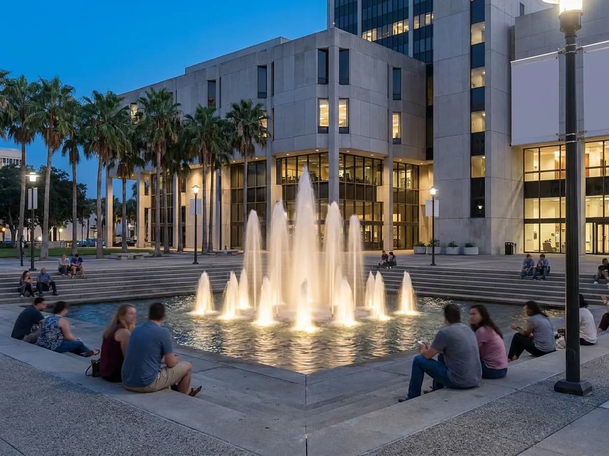 A civic plaza in the early evening with a wide fountain of lit jets and people sitting in twos and threes on concrete steps