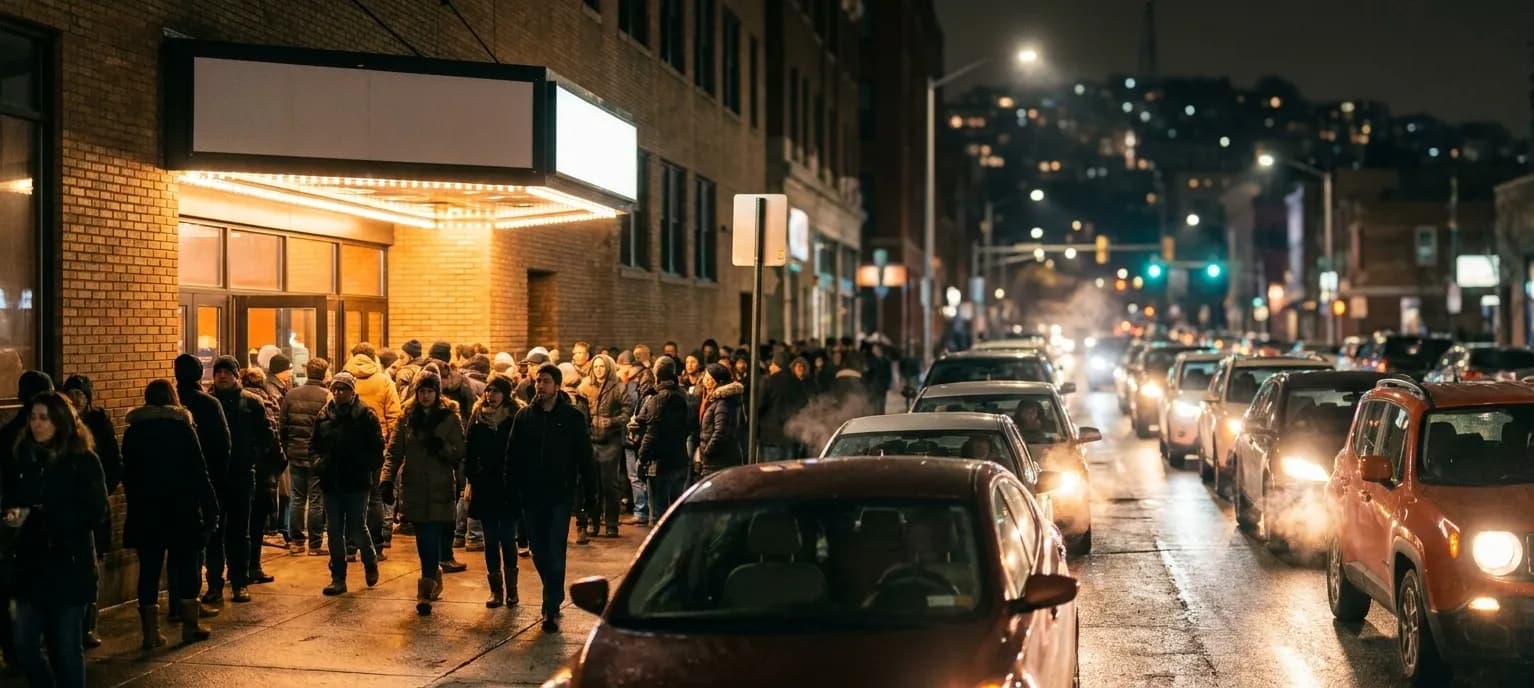 A street outside a venue just after a show with people spilling onto the pavement and a queue of cars with headlights on