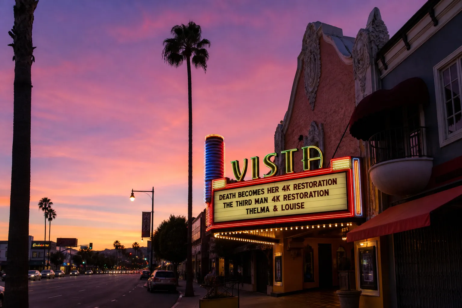 The iconic neon marquee of the historic Vista Theatre glowing against the twilight Los Angeles sky