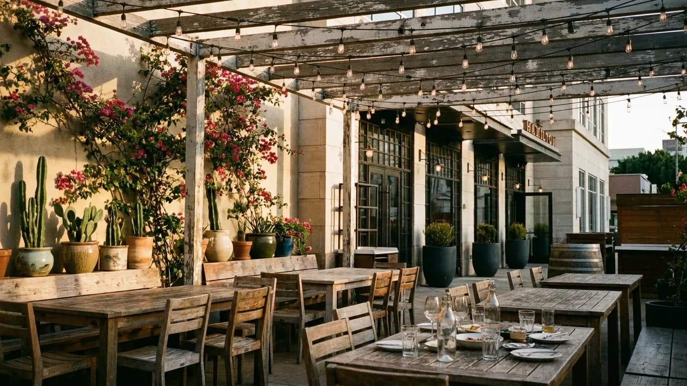 A Los Angeles bar patio at dusk with mismatched wooden tables under a pergola strung with unlit bulbs against a stucco wall