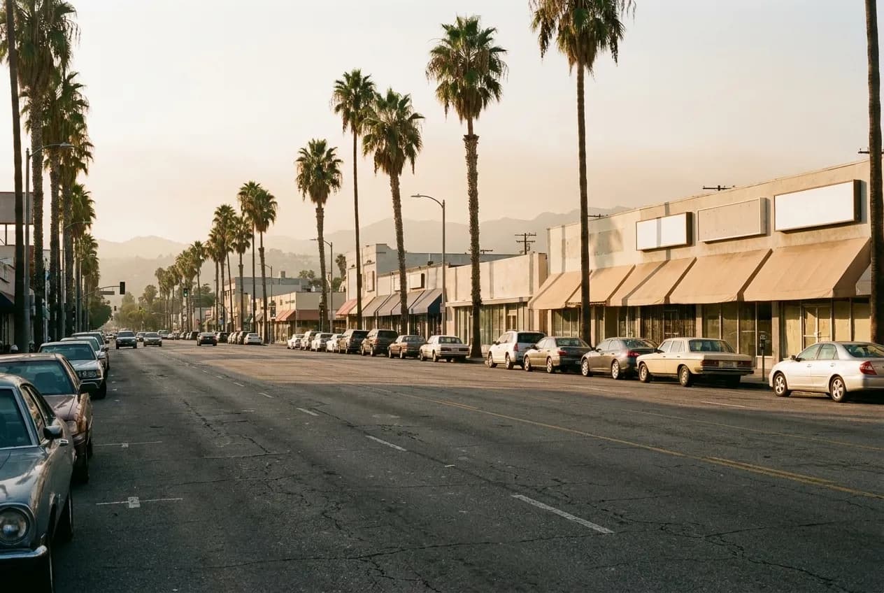 A wide Los Angeles boulevard in the late afternoon with palm trees down the median and low storefronts with blank unlettered awnings