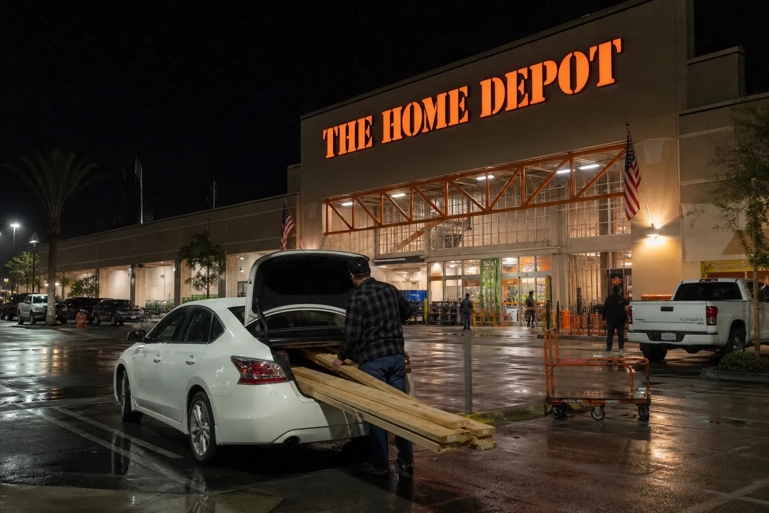 Night exterior of a Home Depot in Los Angeles with orange signage, parked cars, and shoppers loading supplies