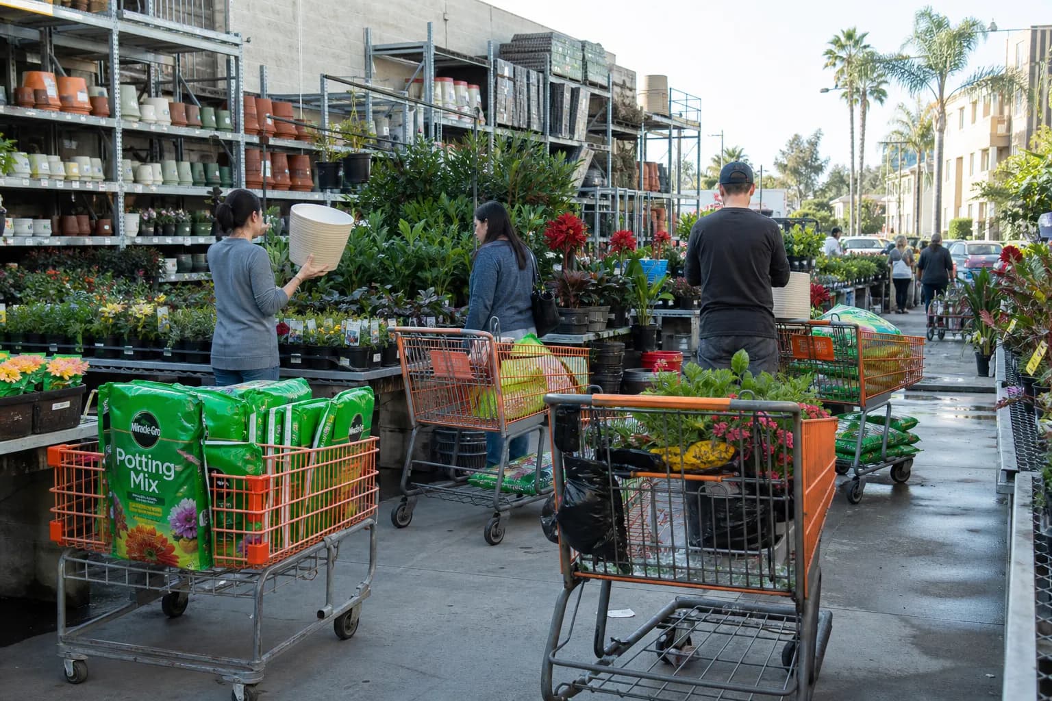 Morning shoppers choosing plants and potting soil at the Marina del Rey Home Depot garden center