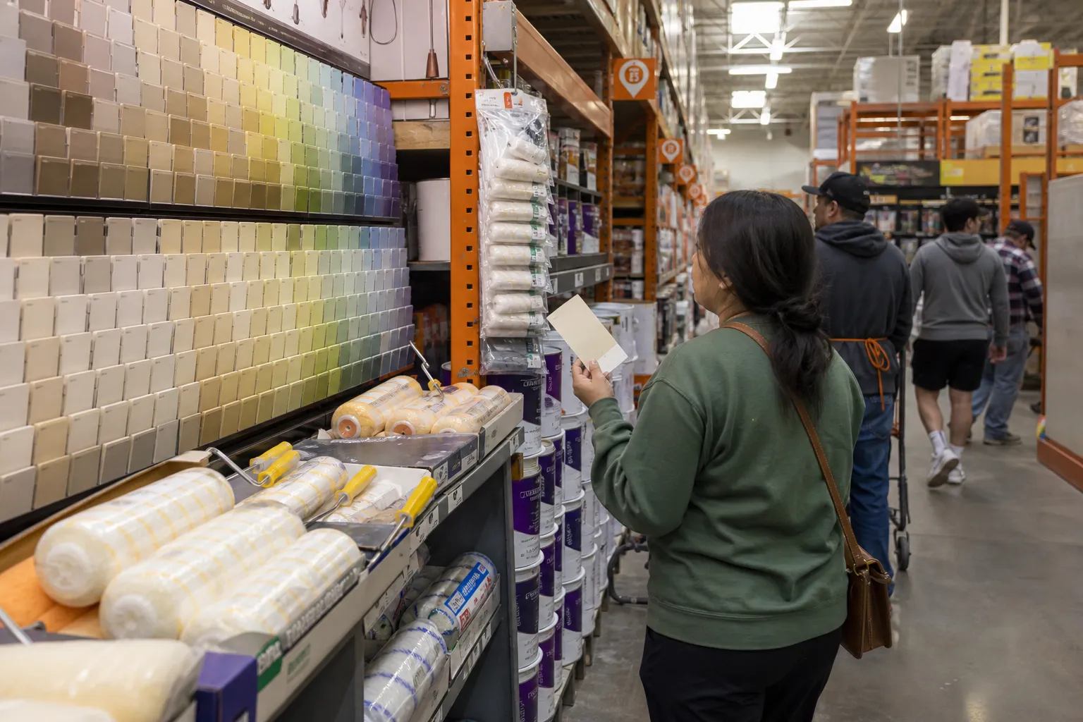 Shopper comparing paint samples and supplies inside a Los Angeles Home Depot aisle