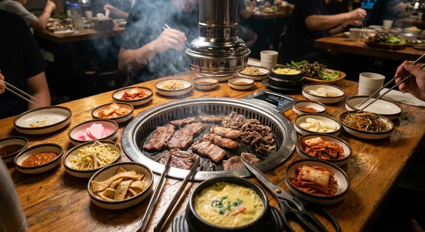 A Koreatown barbecue table from above with a charcoal grill set into the table, an extraction duct overhead and a ring of banchan dishes