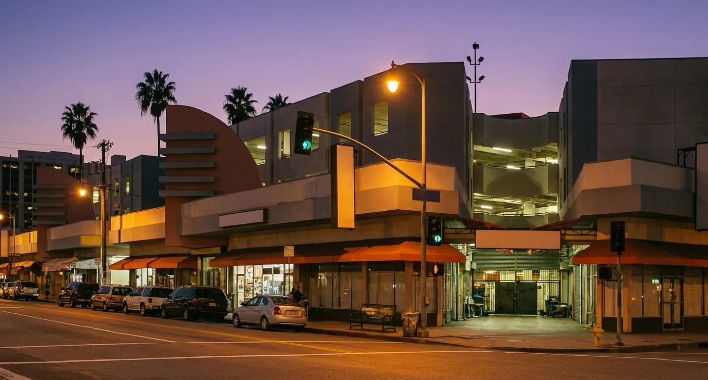 A Los Angeles commercial street at dusk with single-storey storefronts, blank unlettered awnings, palm trees against a violet sky and parked cars