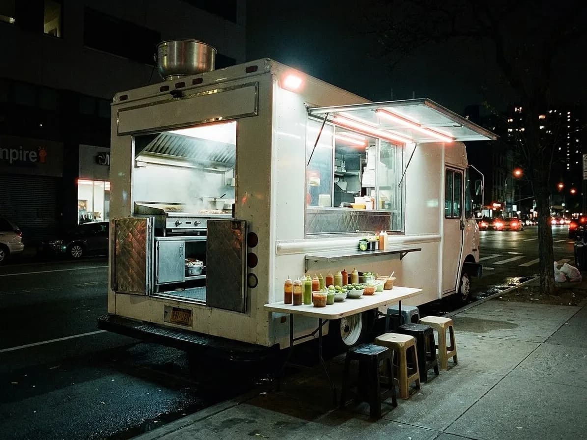 A taco truck parked at a kerb at night with a serving hatch throwing bright light onto the pavement and plastic stools beside it