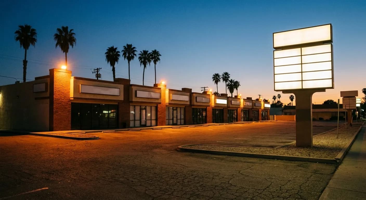 A Los Angeles strip mall at dusk with a row of small units behind a parking lot and a pylon sign with empty panels against silhouetted palms
