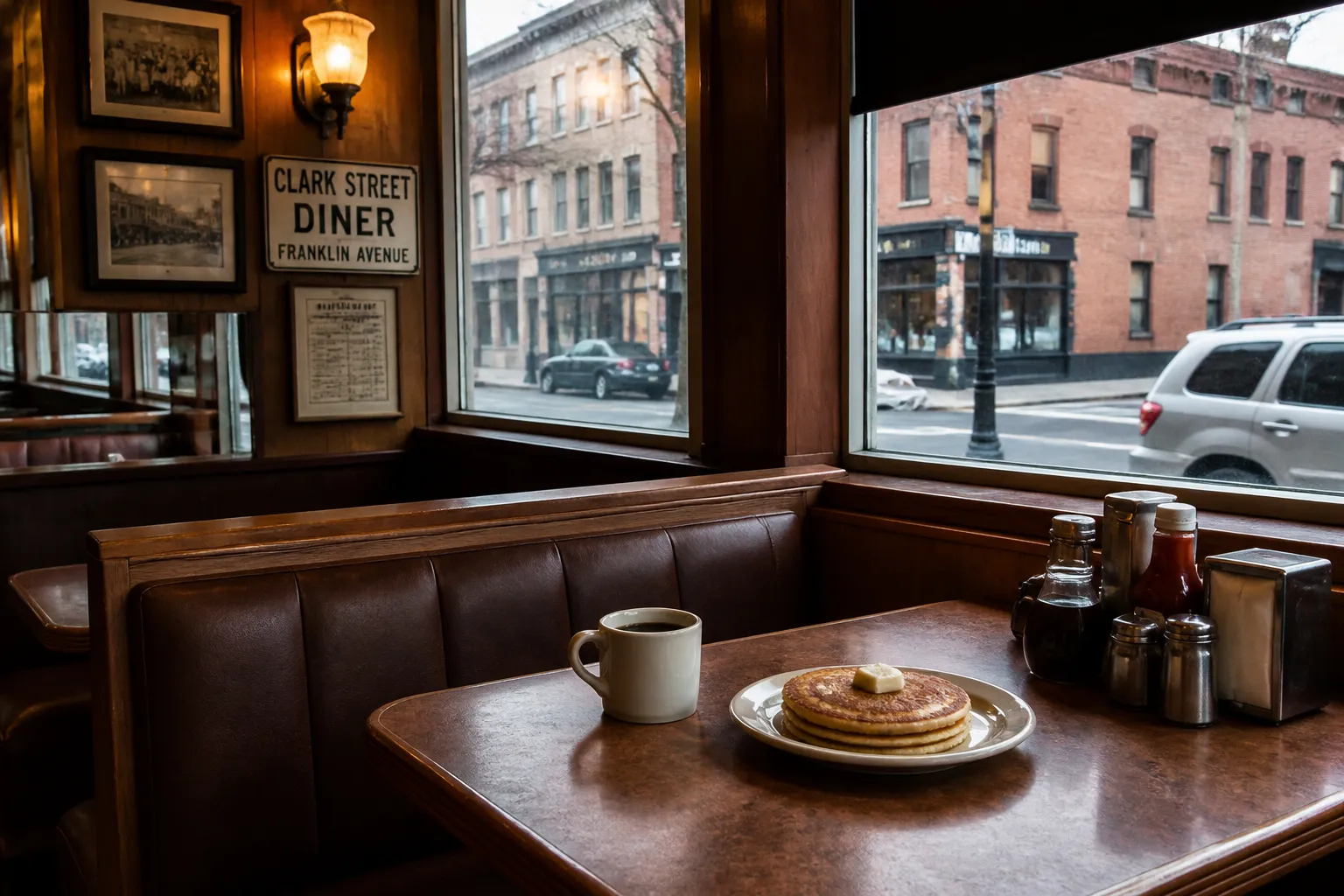 A classic pancake breakfast inside the retro booths of Clark Street Diner on Franklin Avenue.