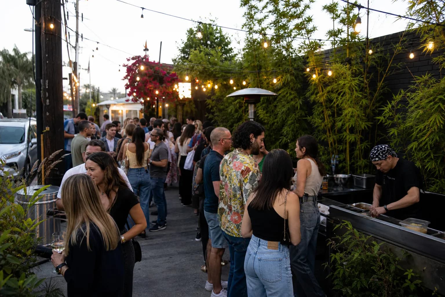 Crowded alleyway behind Anajak Thai during their Tuesday street-food taco night in Sherman Oaks