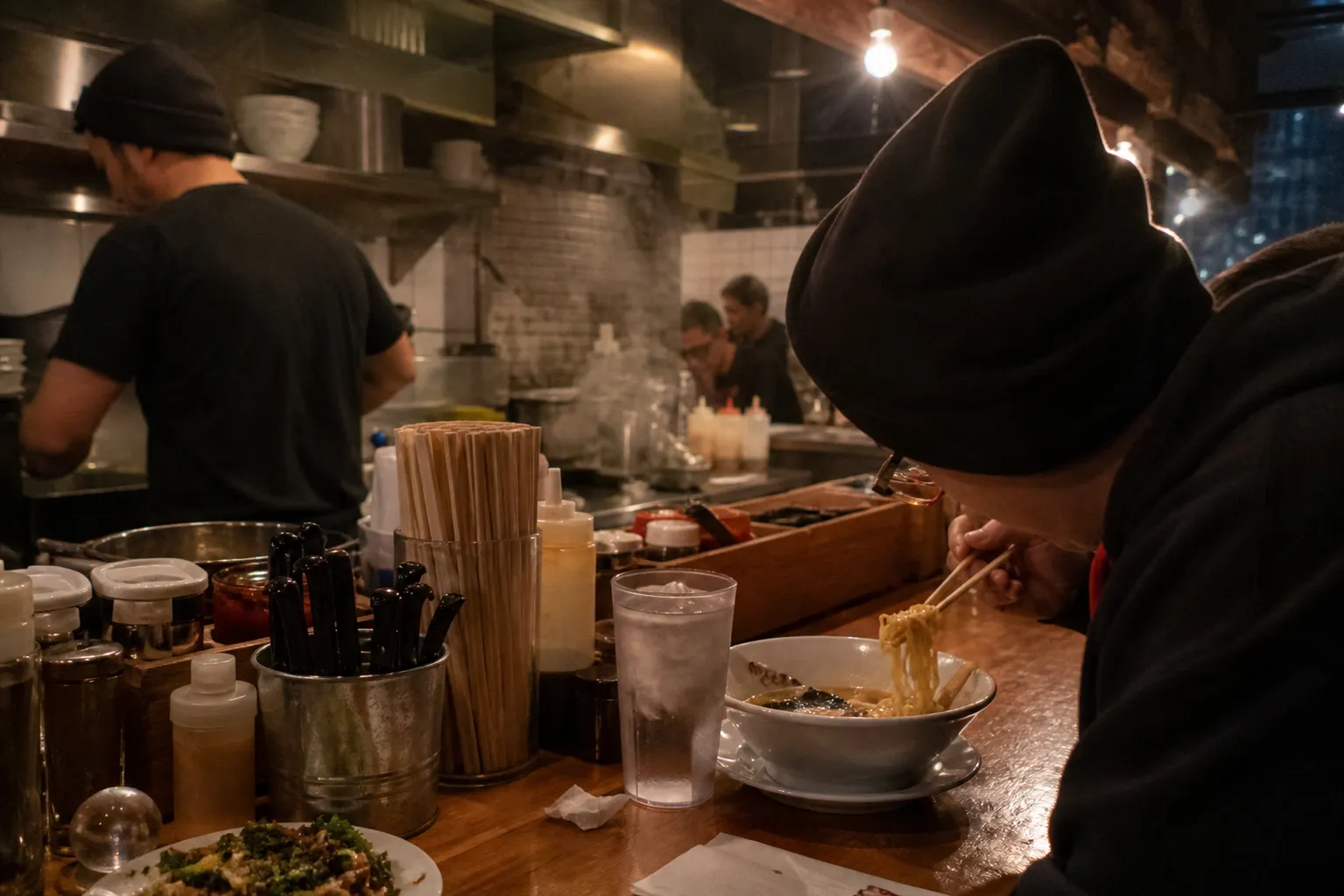 A steaming ramen bowl at a Koreatown counter in Los Angeles with late-night diners nearby