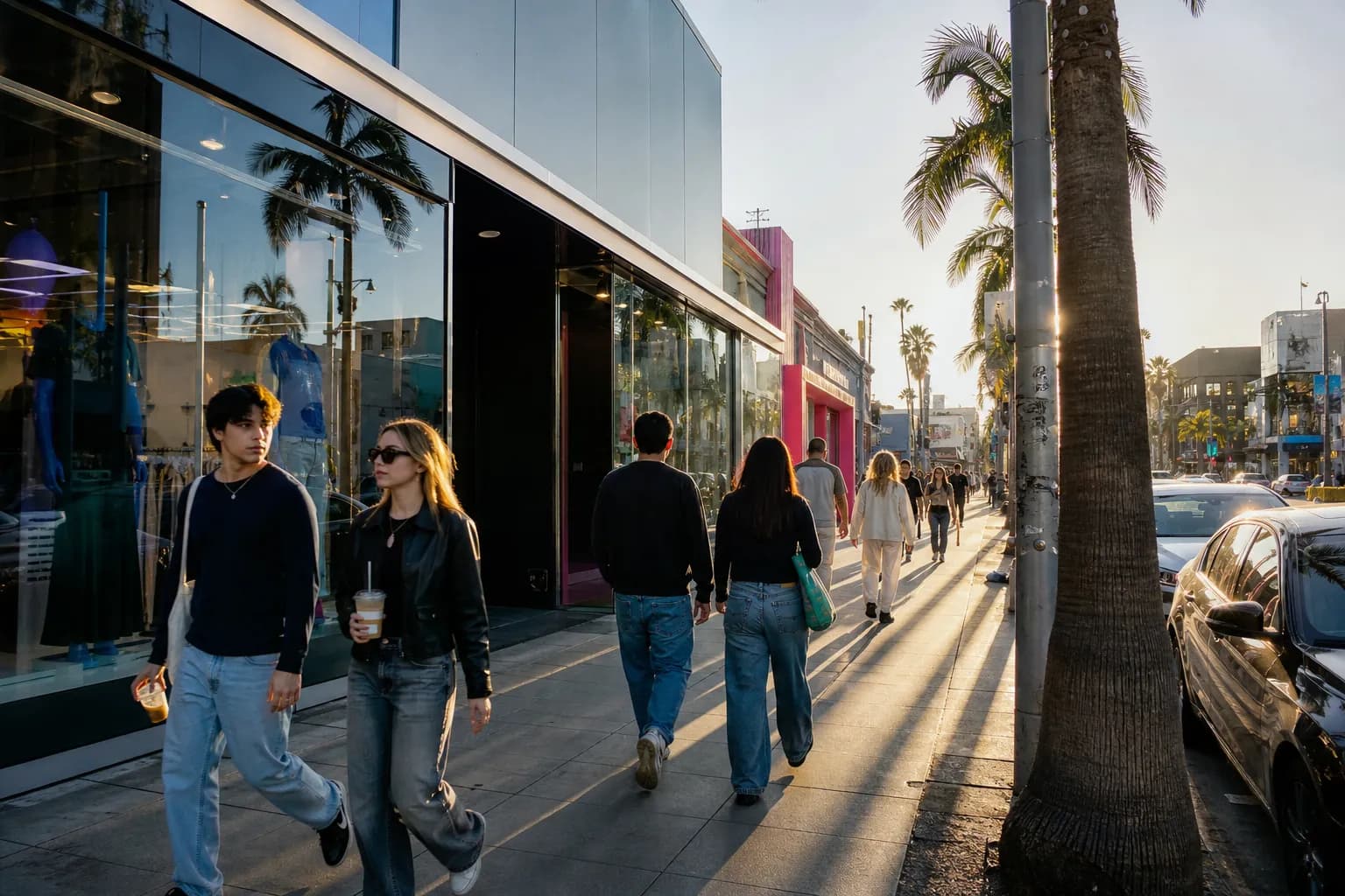 A lively afternoon street scene on Fairfax Avenue with storefronts and palm trees.