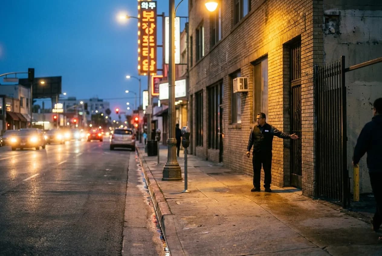 Valet attendant on Vermont Avenue in Koreatown at dusk, car headlights blurred in motion, wet pavement reflecting neon Korean signage in background