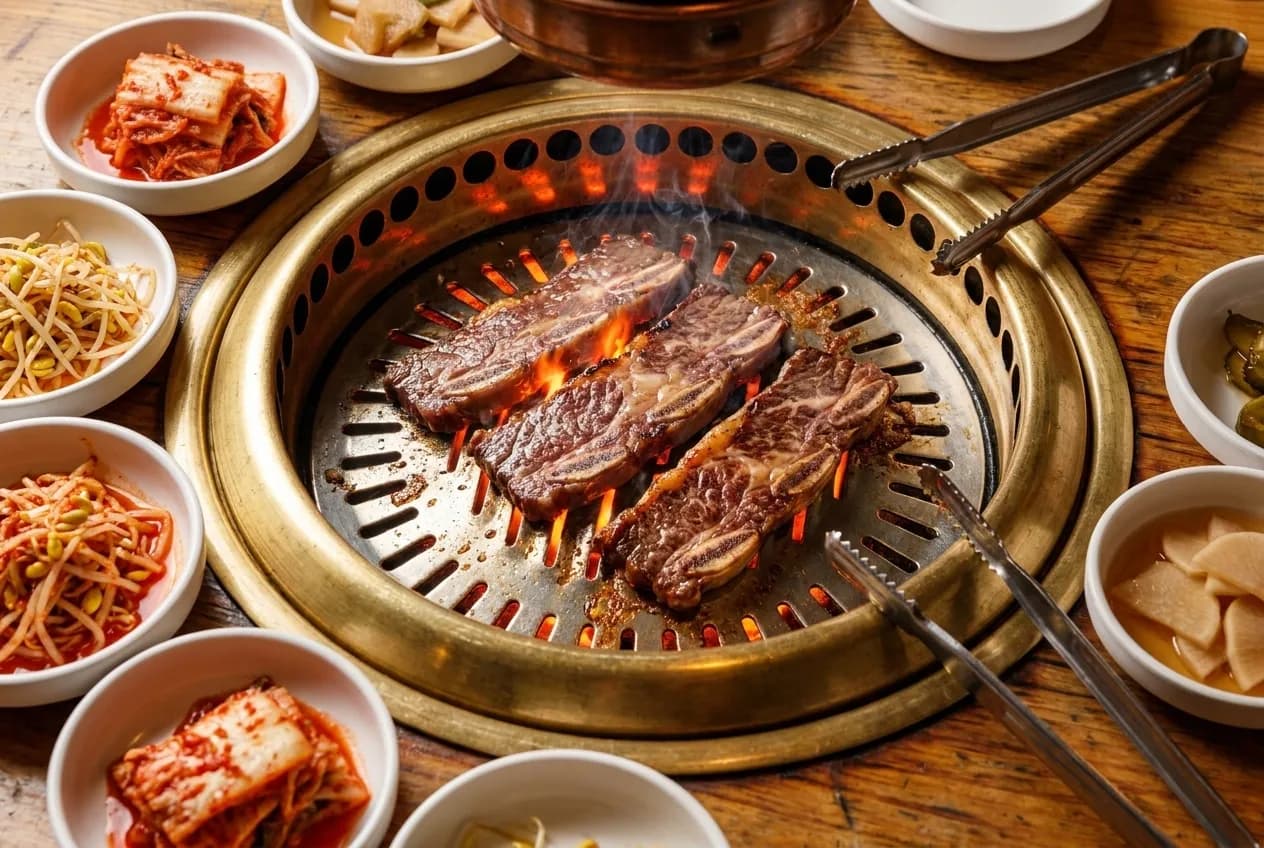 Overhead view of tabletop grill with marbled prime short rib cooking, caramelised edges, white ceramic banchan dishes surrounding the grill, stainless tongs resting on edge
