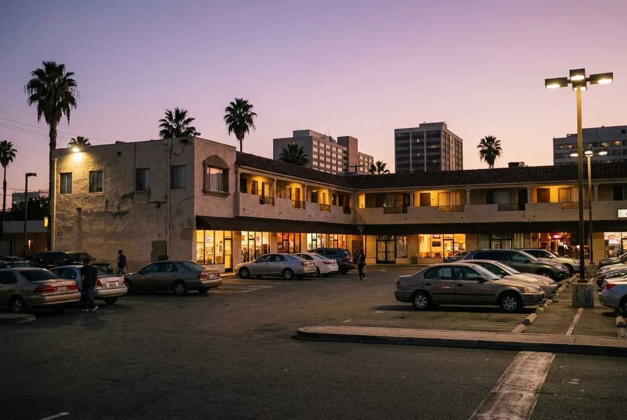 Chapman Plaza shopping center exterior at dusk with lit storefronts, parked cars, and palm trees against Los Angeles skyline