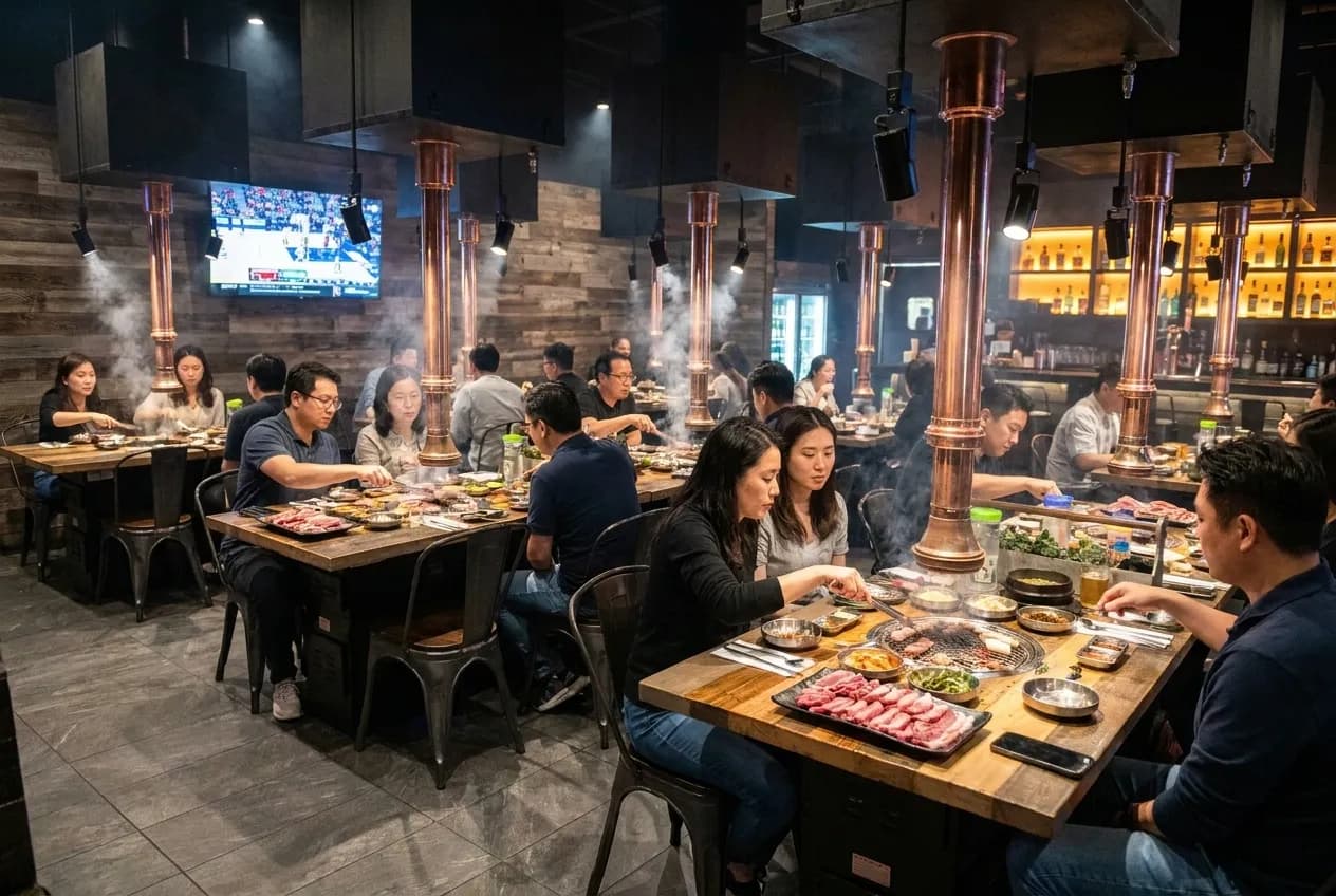 Korean BBQ dining room interior with multiple table grills, extractor hoods, diners cooking meat, and large TV on wall