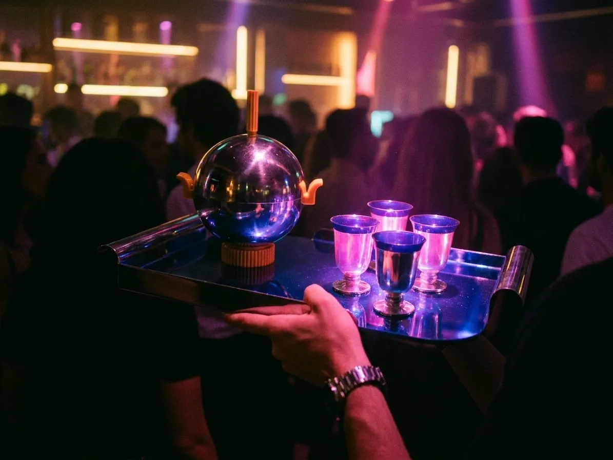 A tray of cocktails being carried through a dark club with four glasses glowing under a pink light