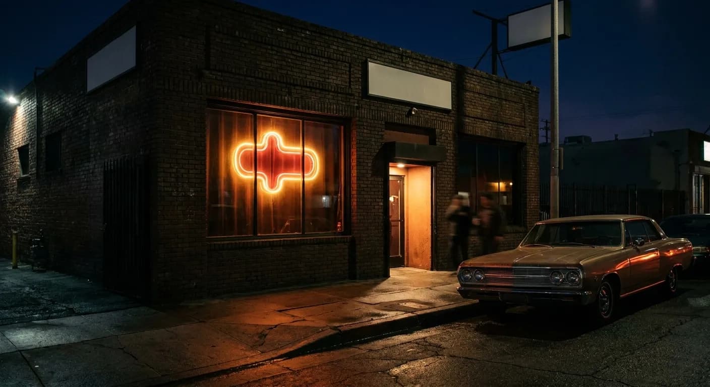 A Los Angeles bar frontage near midnight with a glowing tube-light shape in the window and a doorway spilling warm light onto the pavement