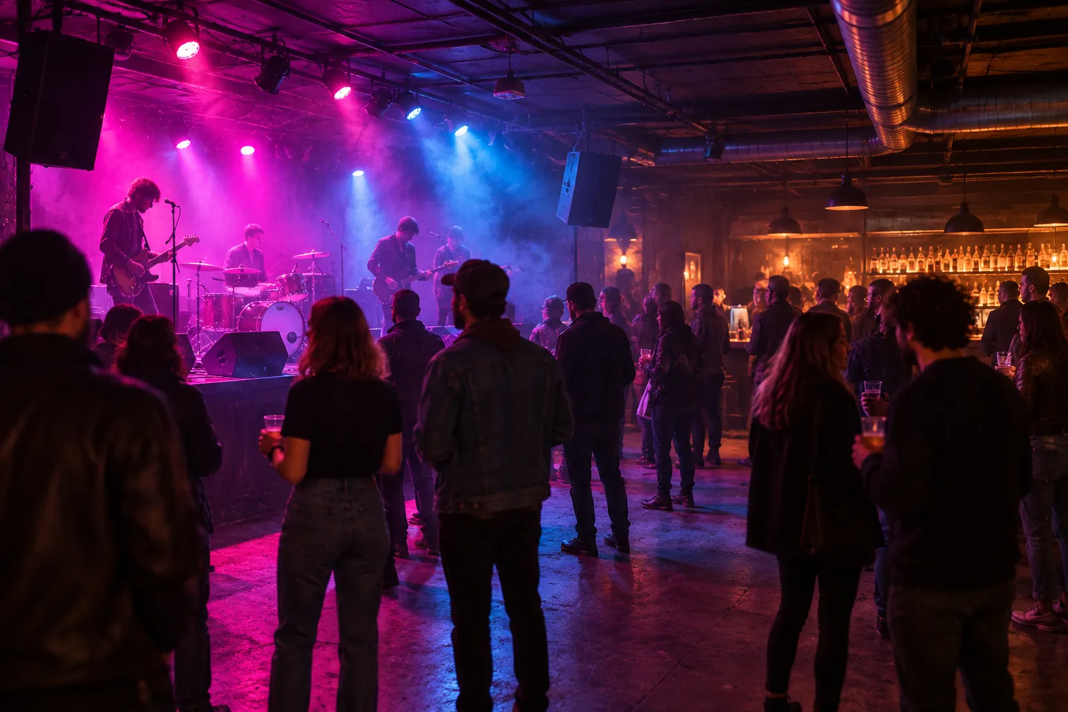 A wide low-ceilinged basement room with a stage along one long wall under coloured lights