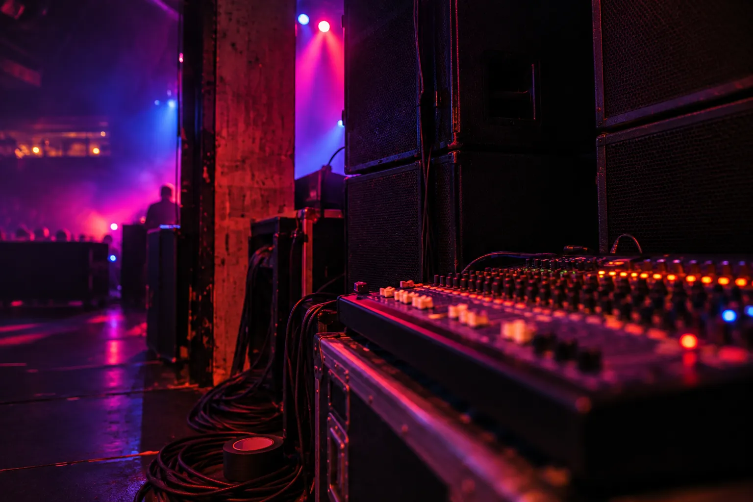 A mixing desk and stacked speakers at the side of a stage, coloured light washing across them