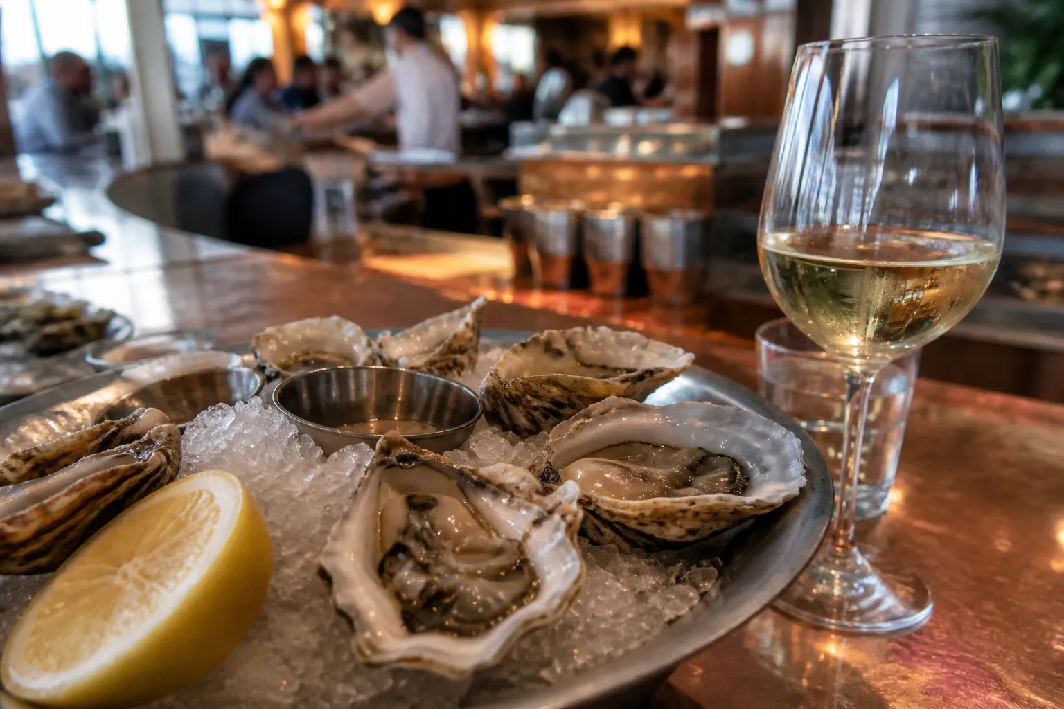 Fresh oysters served on ice at the copper bar of Water Grill restaurant in DTLA.