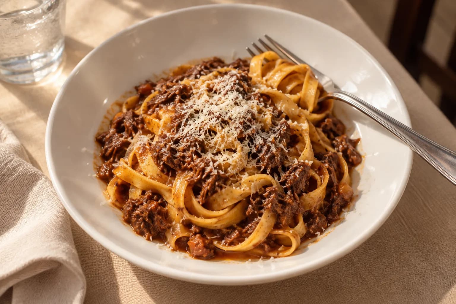 A shallow white bowl of egg tagliatelle coated in a dark meat ragu