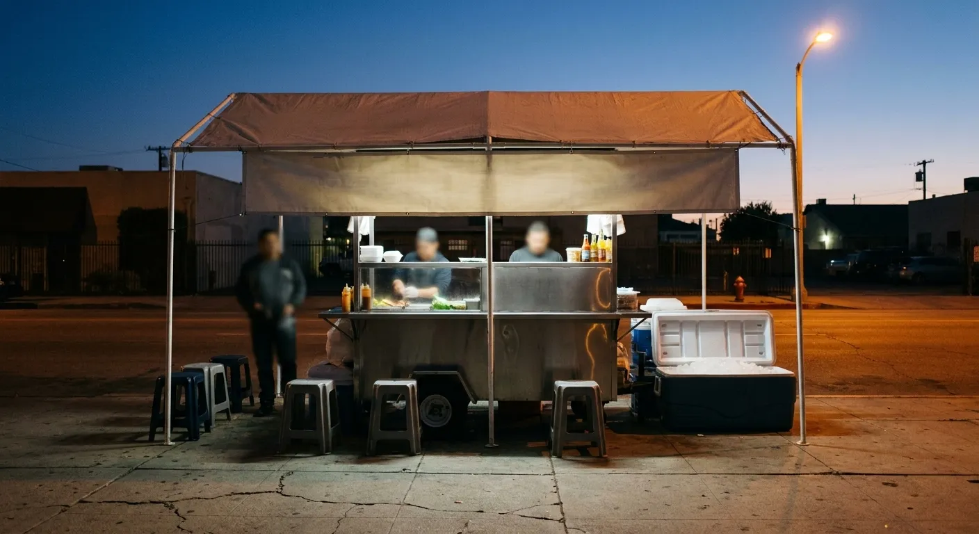 A Los Angeles mariscos street stand at dusk with a stainless prep cart under a canopy, plastic stools on the sidewalk and a blank banner overhead