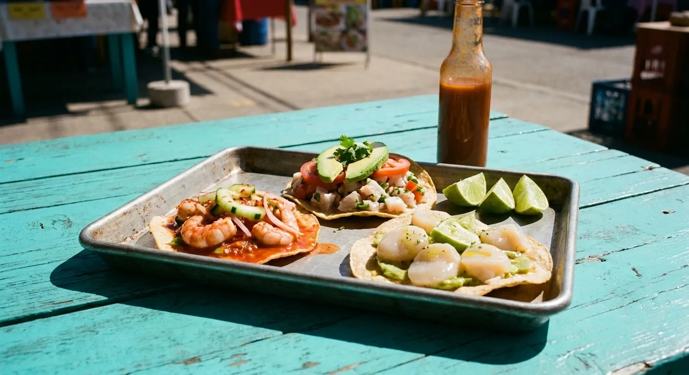 Three seafood tostadas on a metal tray with shrimp aguachile, ceviche with avocado and lime wedges on a bright turquoise table in direct sun