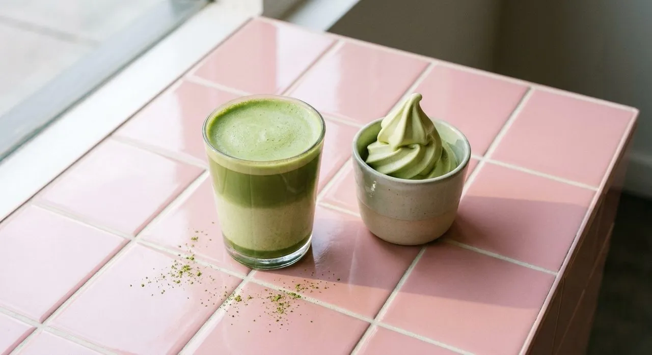 Matcha draft latte and soft serve on pink tiles at Cha Cha Matcha in West Hollywood