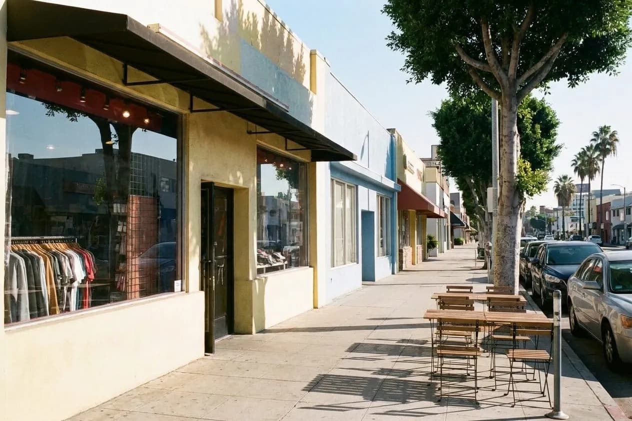 Santa Monica Boulevard in West Hollywood showing street-level storefronts and outdoor cafe seating