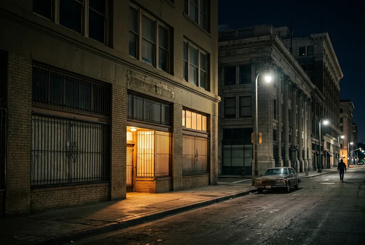 Night view of a low brick building on a Downtown Los Angeles street corner with warm light spilling onto the sidewalk