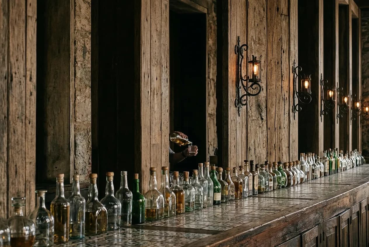 Close view of hand-blown mezcal bottles lined along a porcelain-covered bar under warm low light