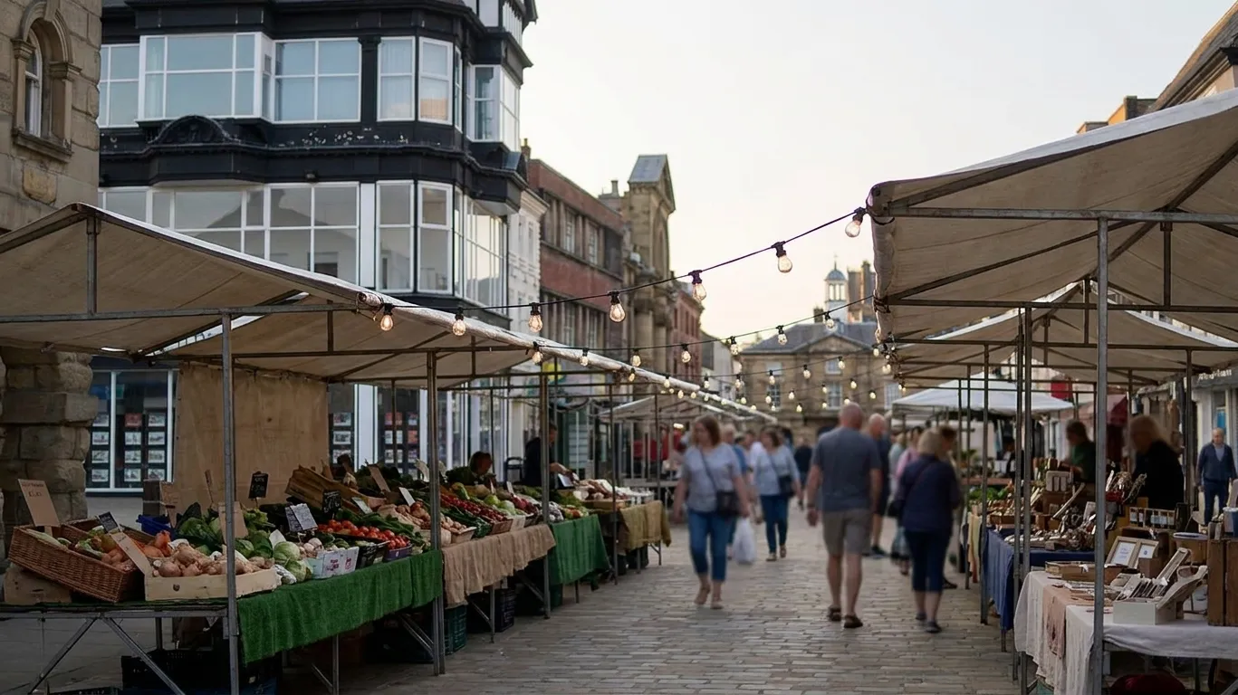 An evening open-air market with rows of canopied stalls, produce and craft goods on trestle tables and browsers moving down the aisle