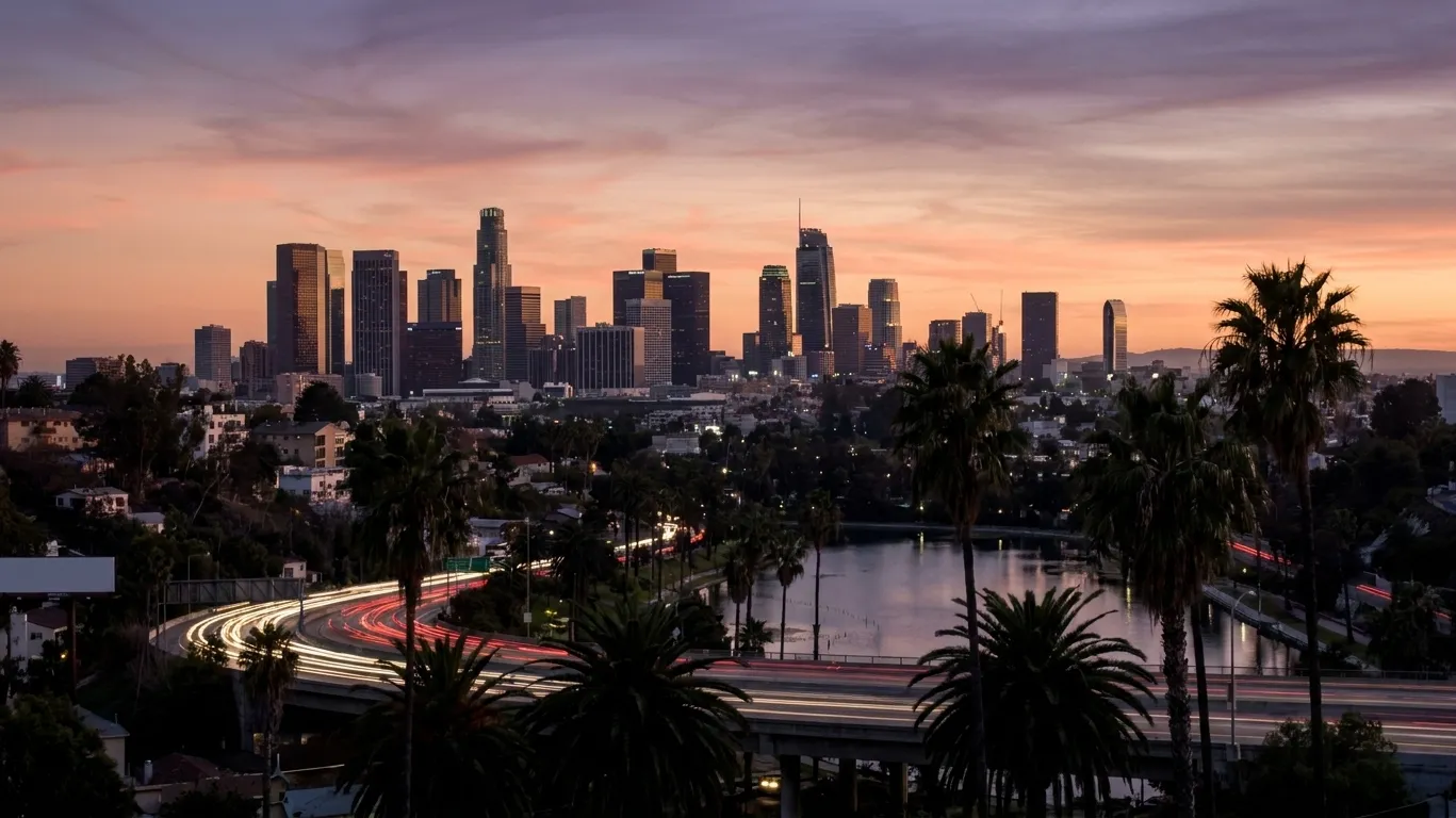 Downtown Los Angeles at dusk from a distance with towers against a peach and violet sky and freeway lights stringing across the middle ground