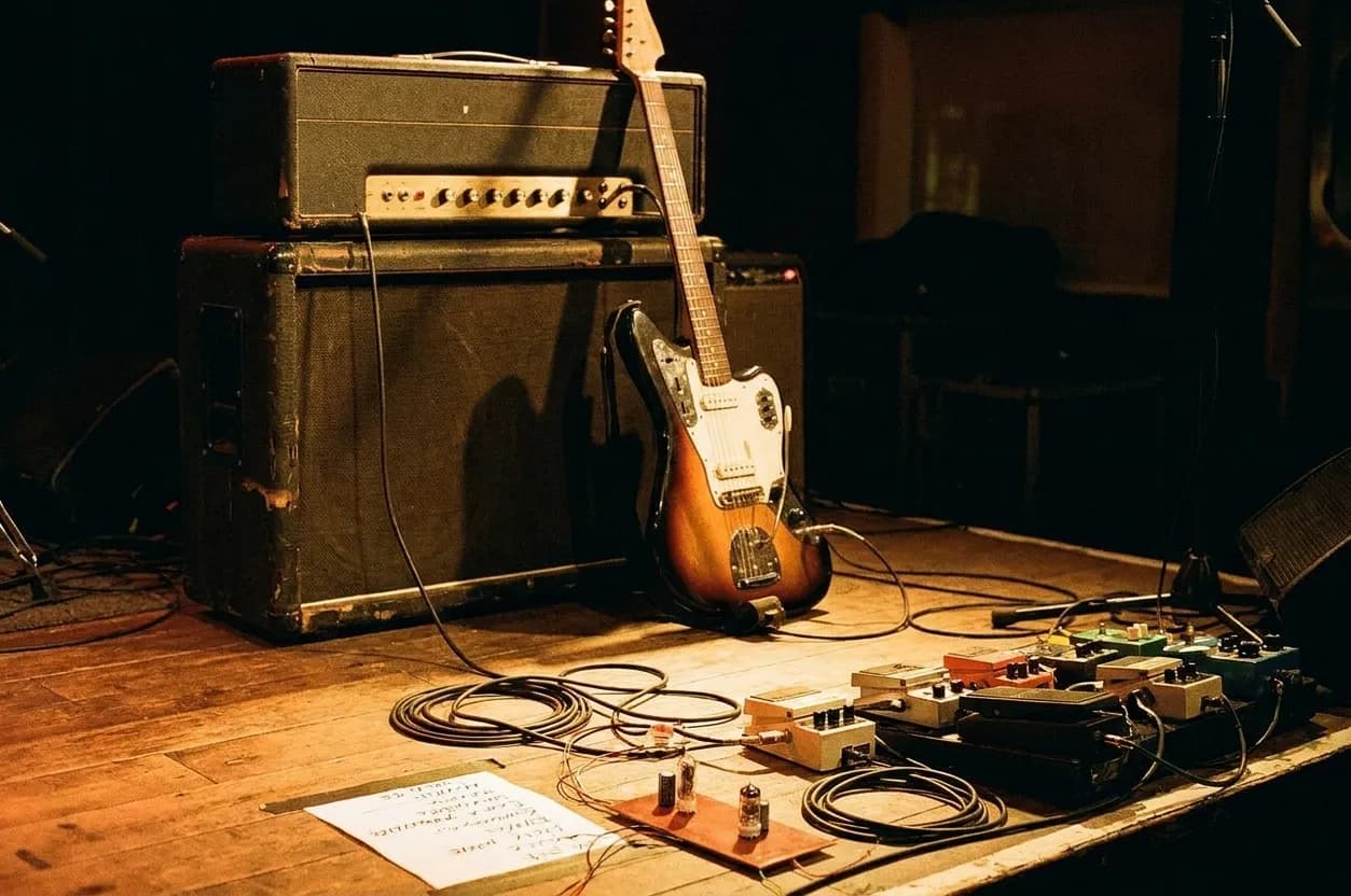 A guitar leaning against a stacked amplifier on a small stage with pedals and cables across the floor under a warm stage wash
