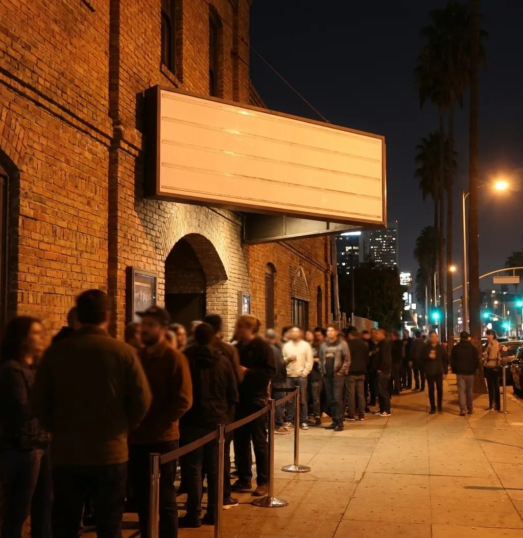 A Los Angeles music venue frontage at night with a low brick building, a blank unlettered marquee panel and a queue along the pavement