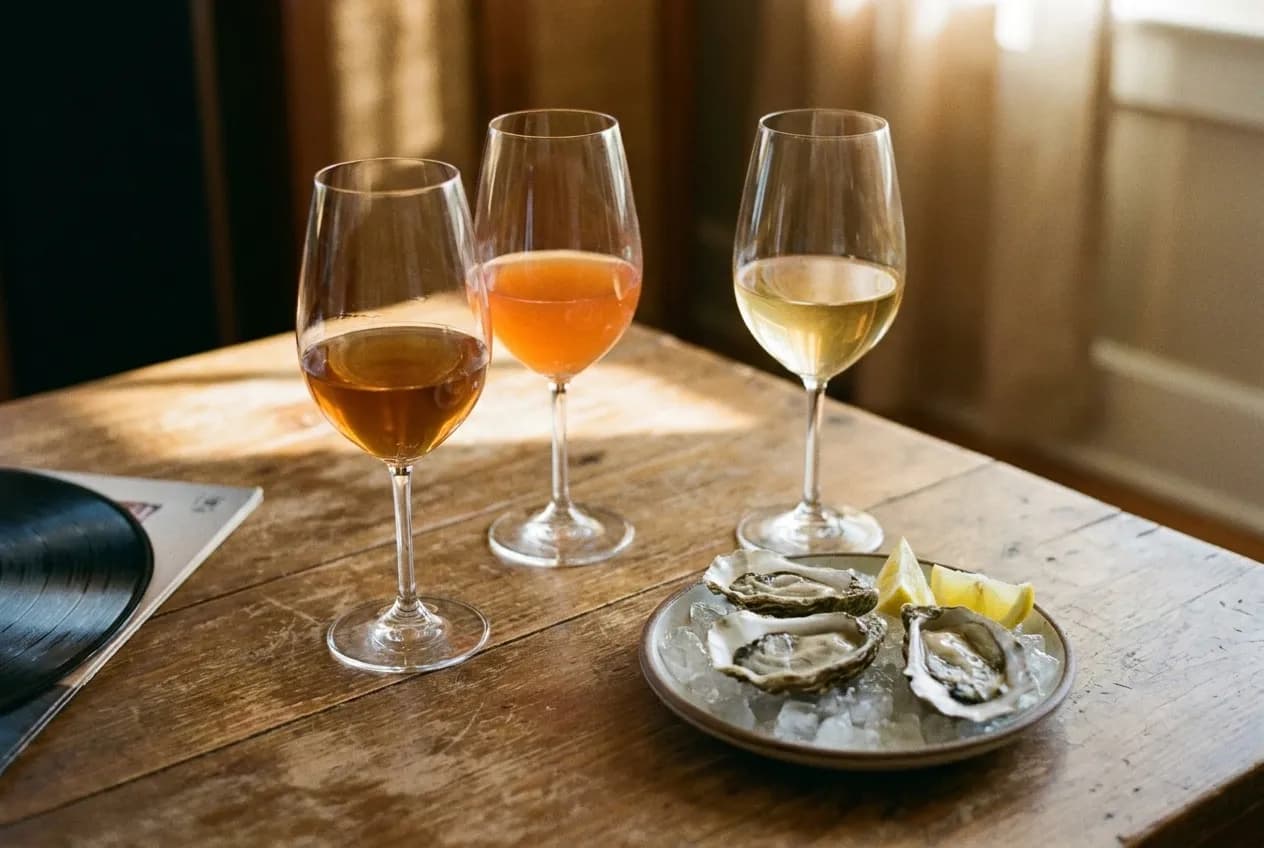 Three glasses of orange and amber natural wine on a wood table with oysters on ice and a vinyl record sleeve edge visible.