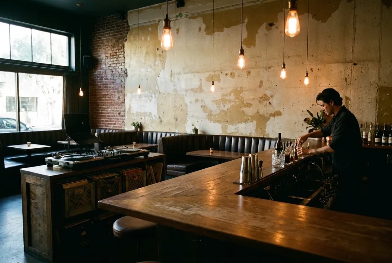 Interior of Tabula Rasa wine bar showing the central bar with vinyl turntables, dim lighting, leather booths, and a bartender working during a quiet afternoon.
