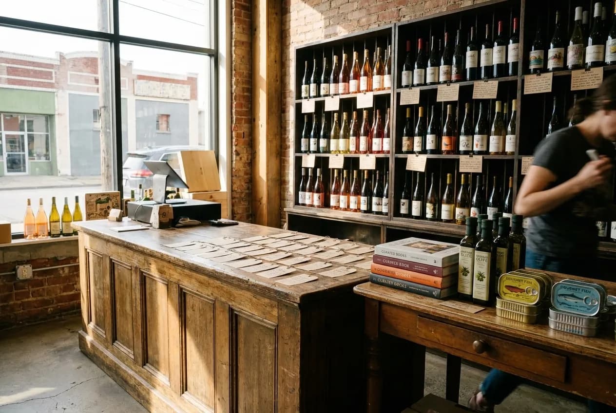 Interior counter at Vinovore with handwritten wine tags, colour-coded bottle shelves, and curated books and pantry goods in afternoon light
