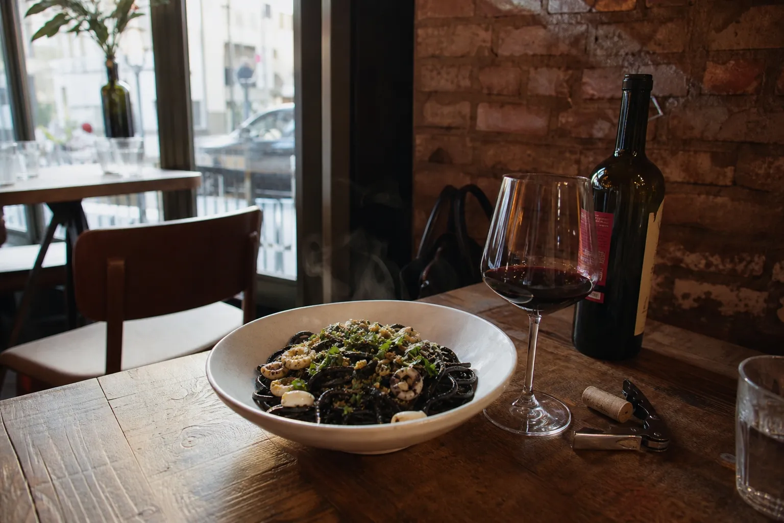 A cozy white-tablecloth setting in DTLA featuring squid ink seafood pasta and a bottle of wine